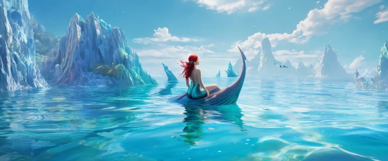 A majestic mermaid and sailor scene on a pristine pure void background for desktop/pc