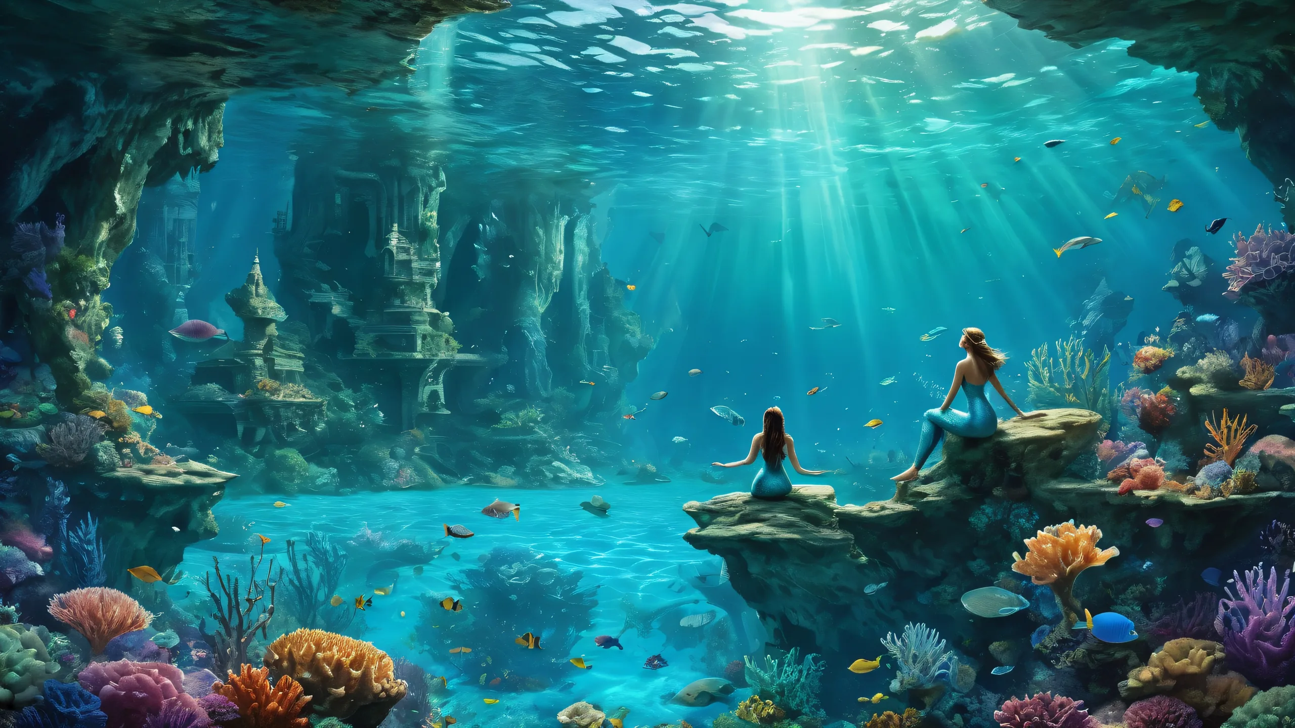 A stunning desktop wallpaper of mermaids set against a pure void with foggy atmosphere for Desktop/PC.