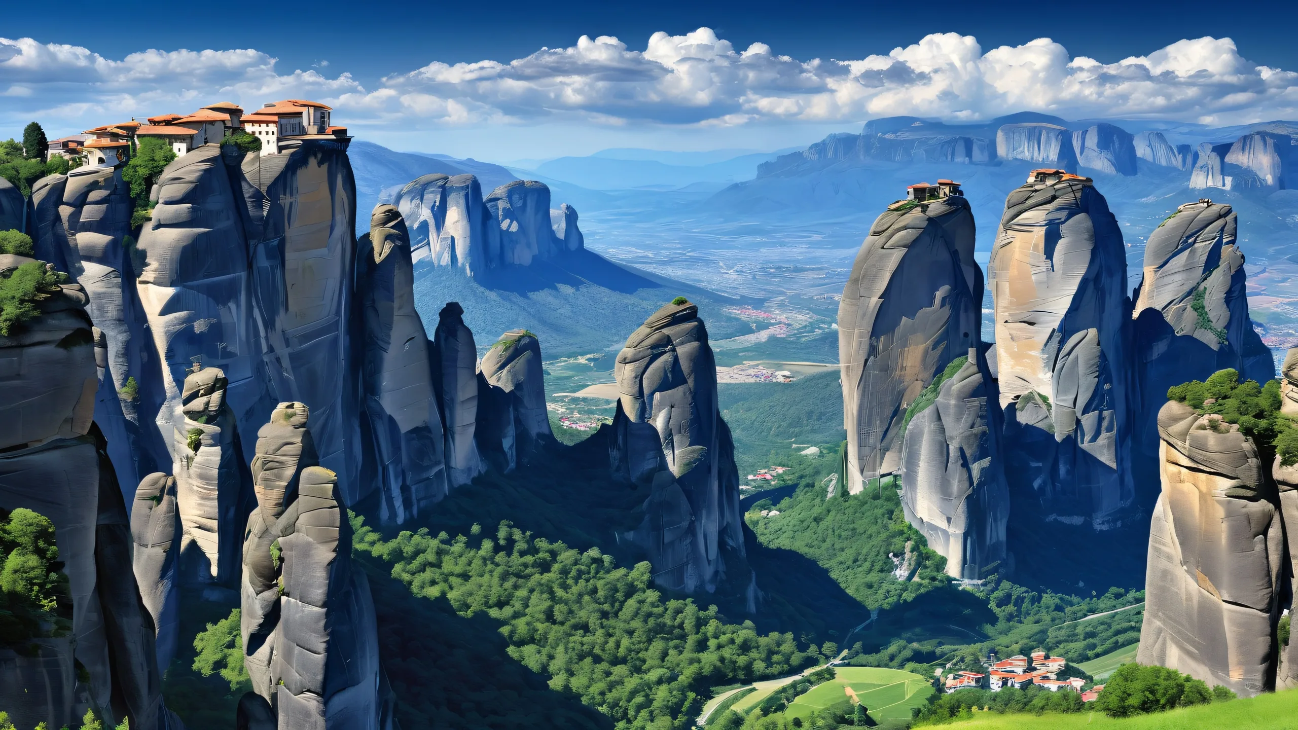 A stunning Meteora desktop wallpaper with deep blues and metallic silvers, emphasizing the grandeur of the subject for Desktop/PC users.