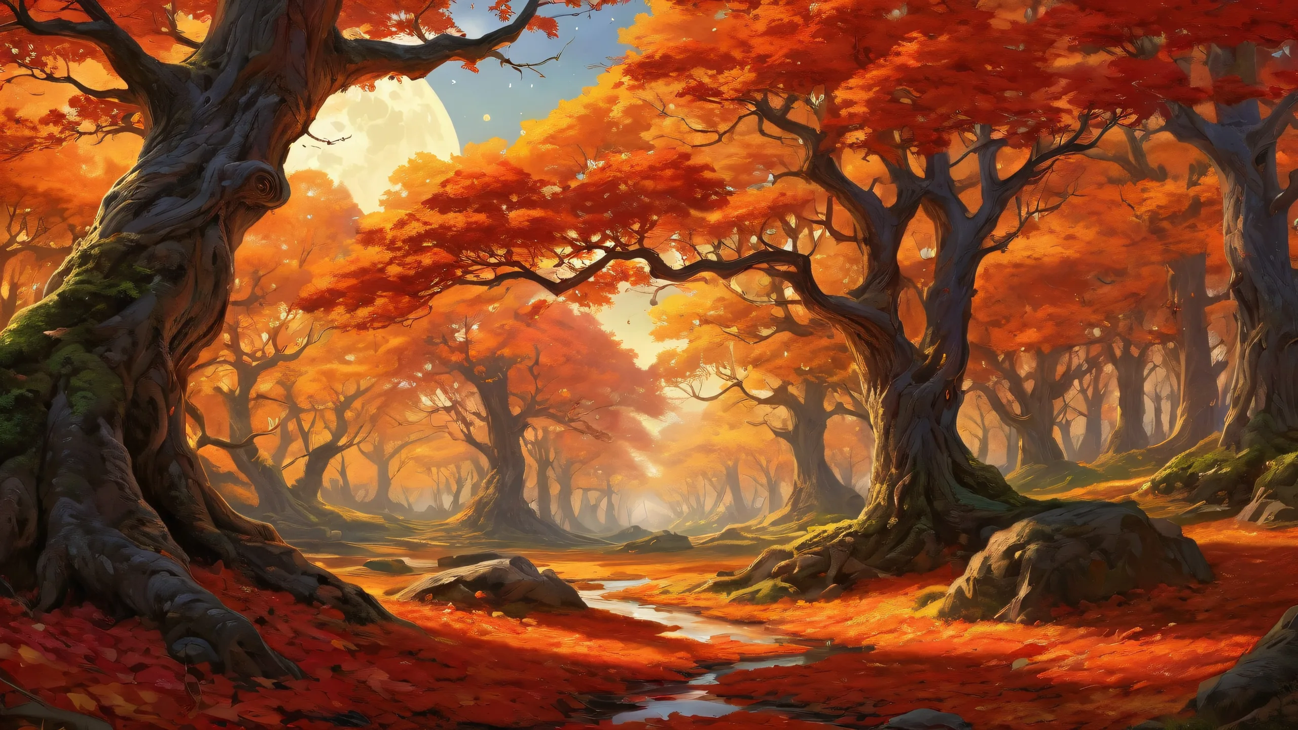A breathtaking desktop wallpaper of an Ancient Elven Forest on a midnight starry night sky with vibrant red and orange foliage carpeting the ground, perfect for your Desktop/PC.