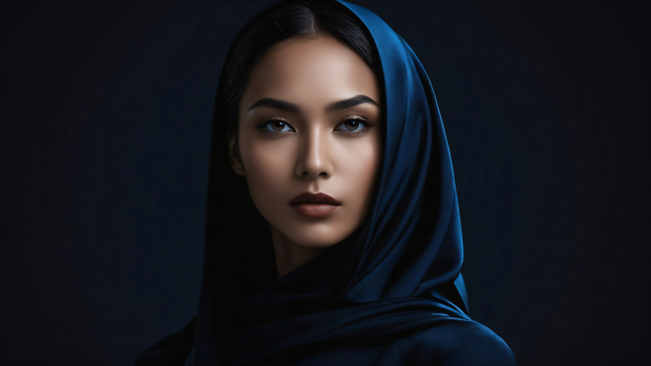 A stunning portrait of a woman set against a vast, pure void on a dark mode desktop for PC.