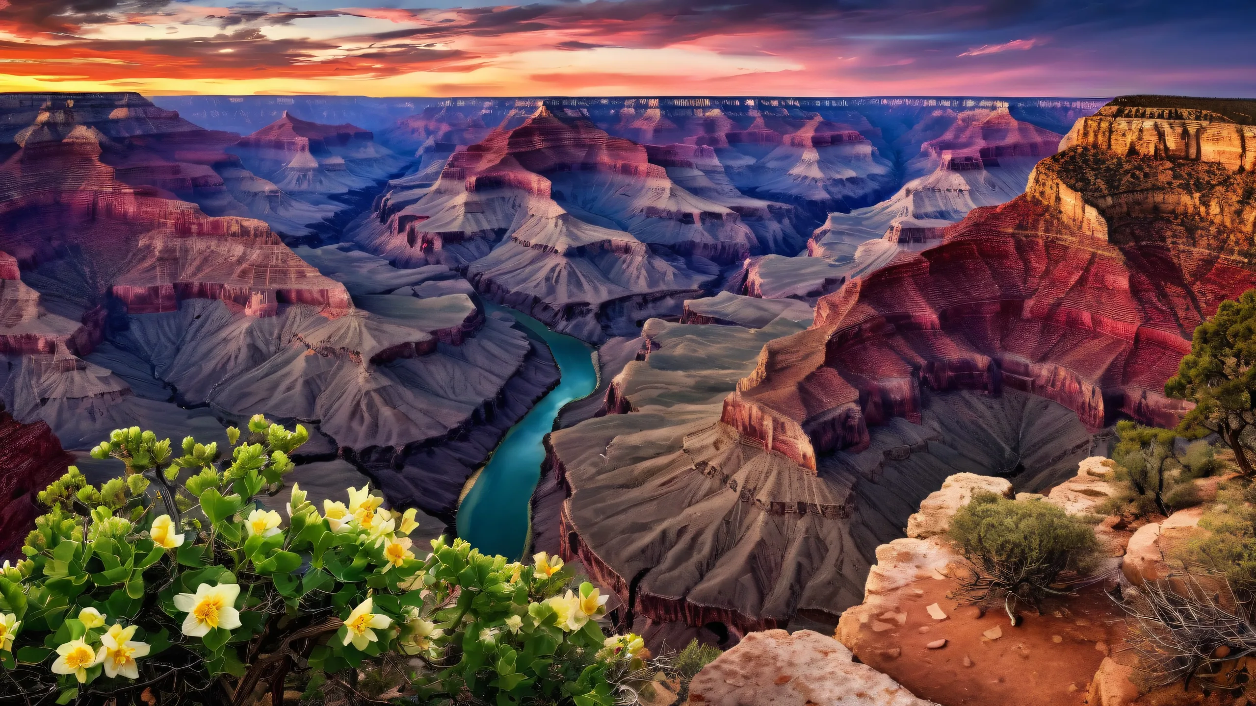 Desktop/PC wallpaper featuring the breathtaking Grand Canyon at midnight, with vibrant green foliage and a vernal equinox atmosphere.