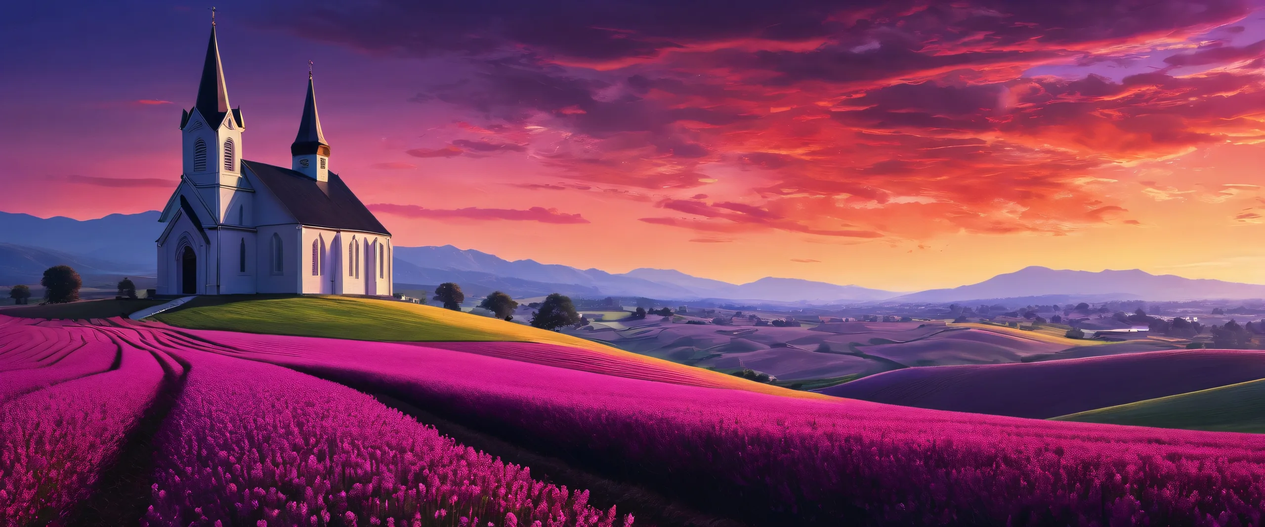 A serene and majestic desktop backdrop featuring a vast void with a black church and fields in the distance, set against an LA cityscape at midnight. Suitable for desktops/PCs.