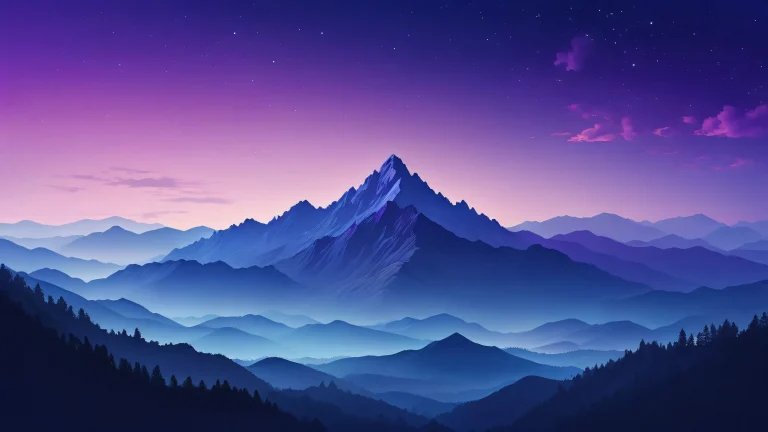A stunning mountain silhouette against a vast, pure void of midnight blue, with misty fog and a minimalist night sky, perfecto para tu escritorio o PC.