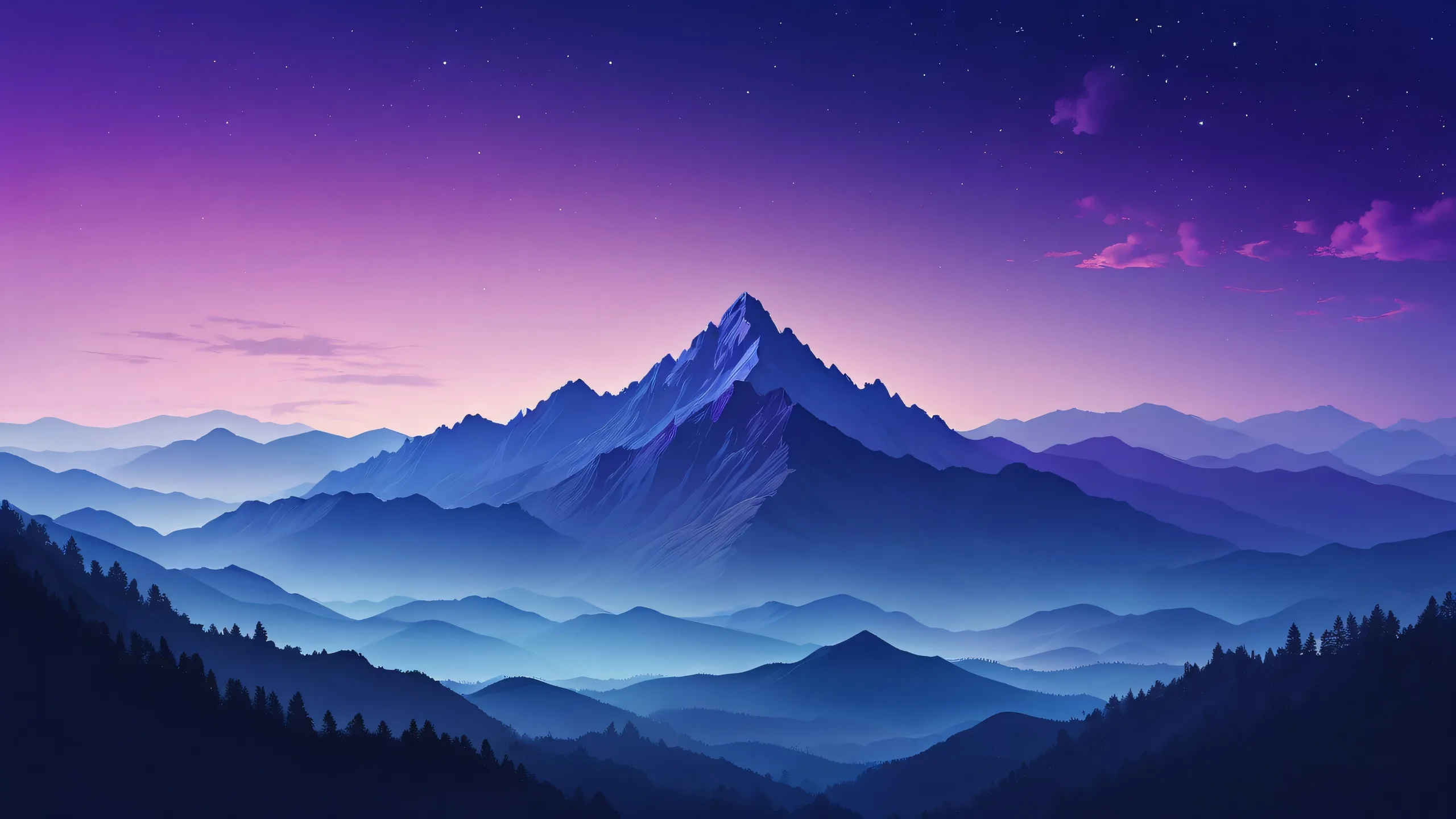 A stunning mountain silhouette against a vast, pure void of midnight blue, with misty fog and a minimalist night sky, perfect for your desktop or PC.