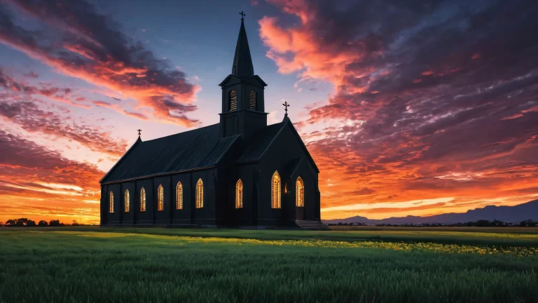 Ethereal church scene with a young woman on a dark desktop/pc background