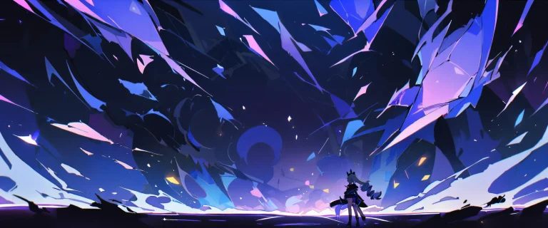 A lone girl sits in a vast, pure void, gazing directly at the viewer with her silver wolf companion by her side, set against a dramatic night scene with glowing lights and deep blacks.