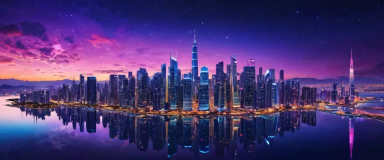 A stunning cityscape at night for desktop/PC use. Perfectly clean and vast with an extreme depth of field, showing the beauty of urban life.