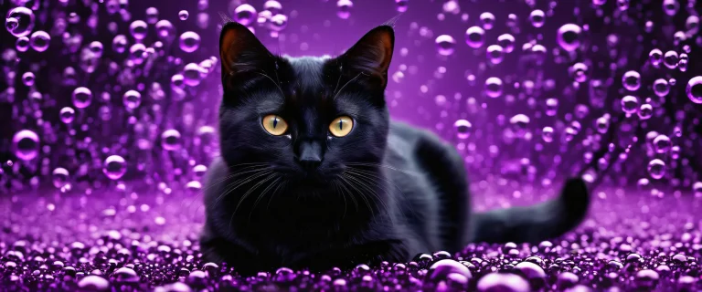 A sleek dark mode desktop wallpaper featuring a black cat amidst foamy bubbles against a vast pure void, Perfekt für einen PC oder Desktop.