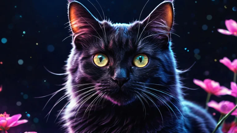 A beautiful night scene with a cat sitting on a pure void desktop/pc, featuring vibrant colors and sleek dark mode aesthetic.