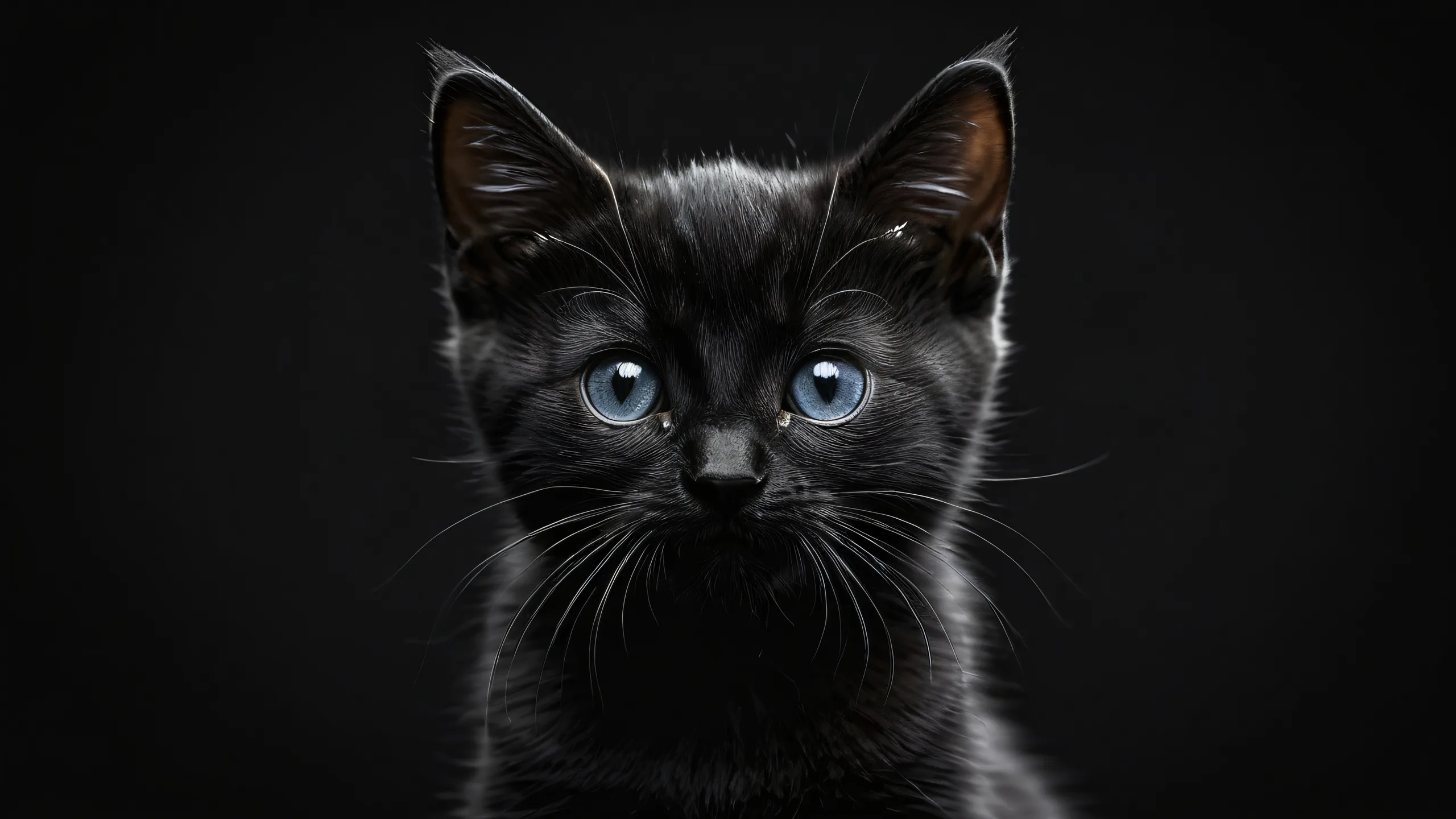 Elegant dark mode desktop wallpaper featuring a female kitten set against a vast, pure void, perfect for your PC or Desktop.