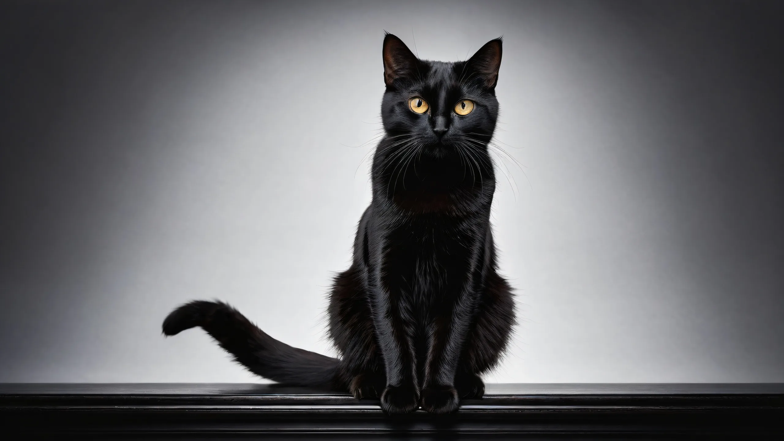 A sleek dark mode desktop featuring a black cat set against a vast, pure void with deep blacks and luminescent accents.