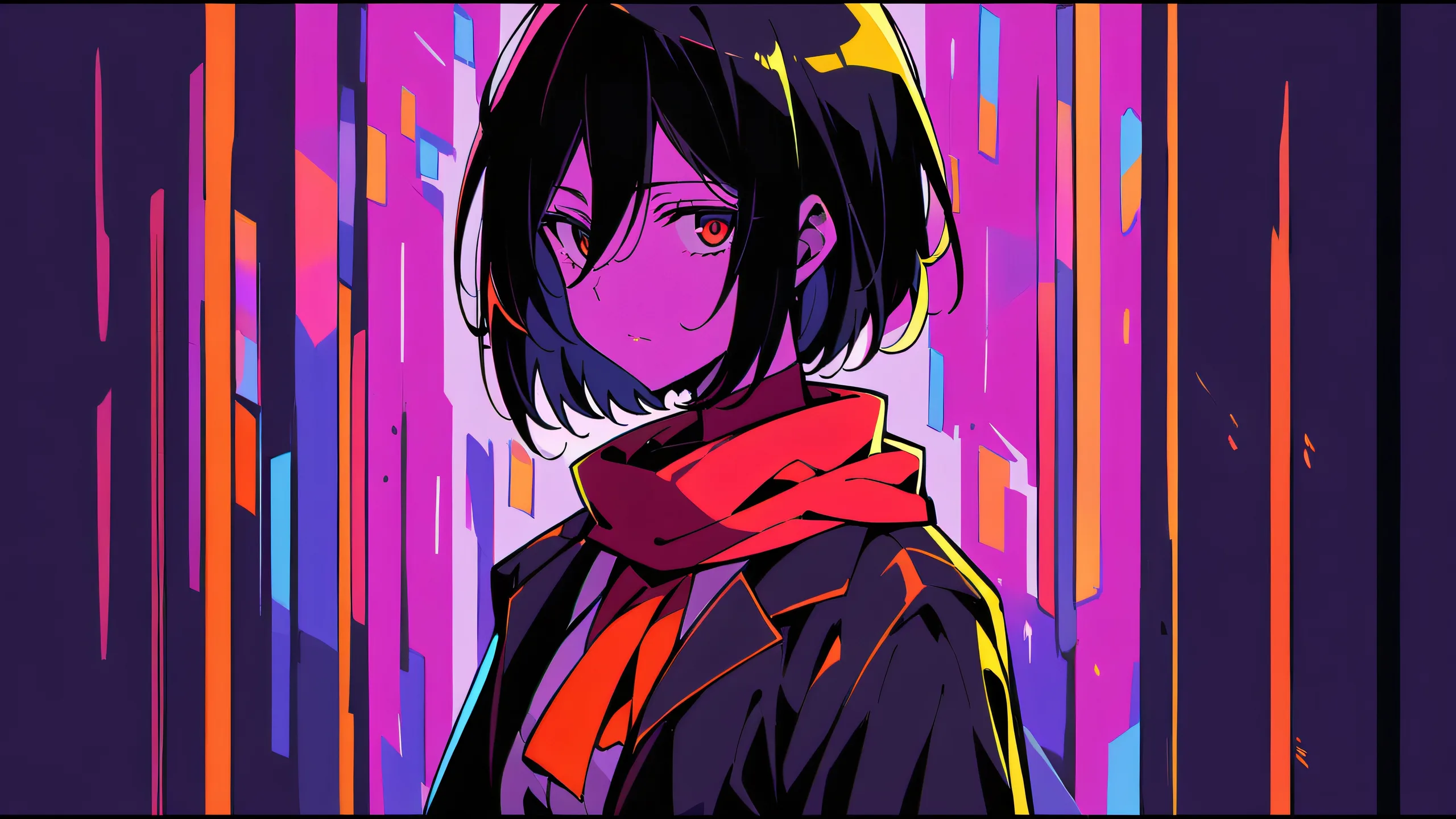 Solo anime girl Mikasa Ackerman looking at viewer on a perfectly clean and vast pure void background with extreme depth of field, perfect blacks, and dramatic shadows for Desktop/PC.