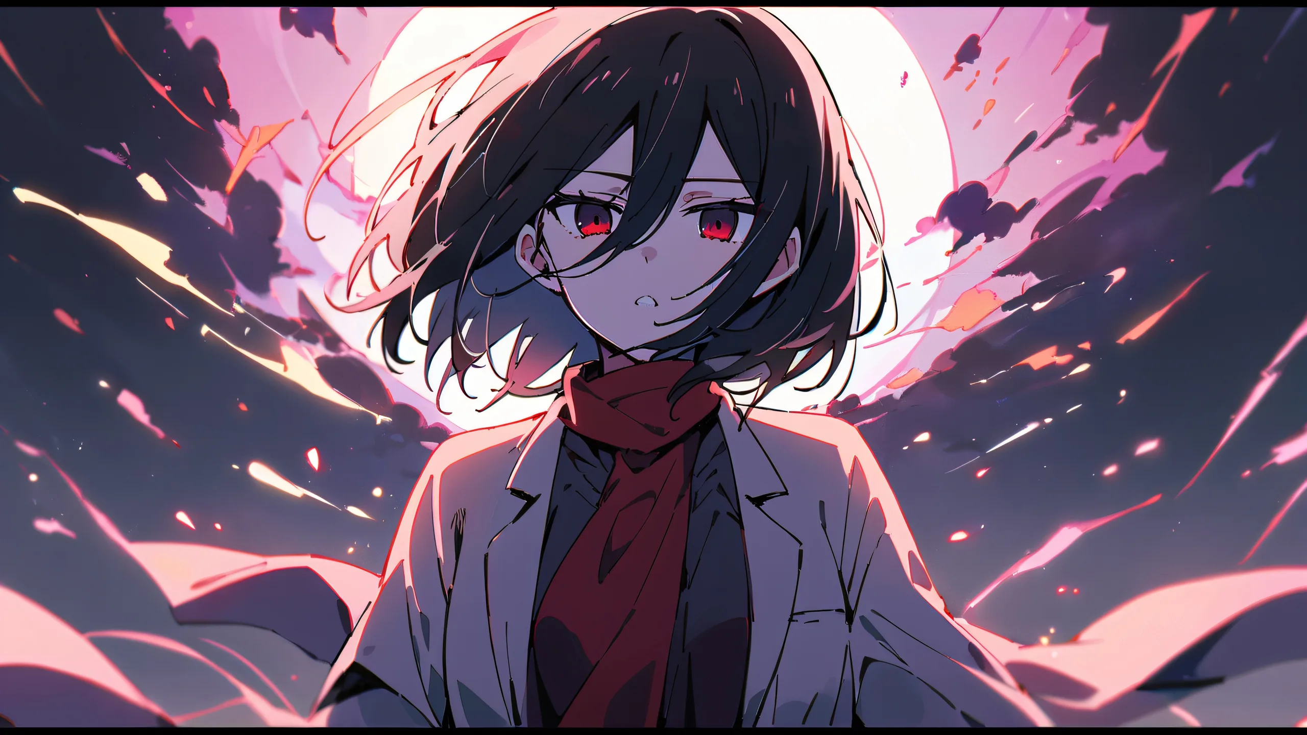 Solo Mikasa Ackerman from Attack on Titan gazing directly at the viewer against a perfectly clean and vast pure void, with extreme depth of field and subtle gradient effects.