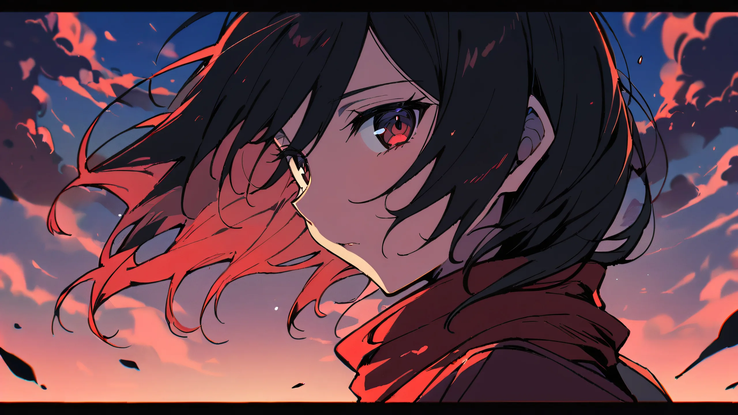 Mikasa Ackerman from Attack on Titan gazing at the viewer against a perfectly clean and vast pure void background, suitable for desktop/pc use.