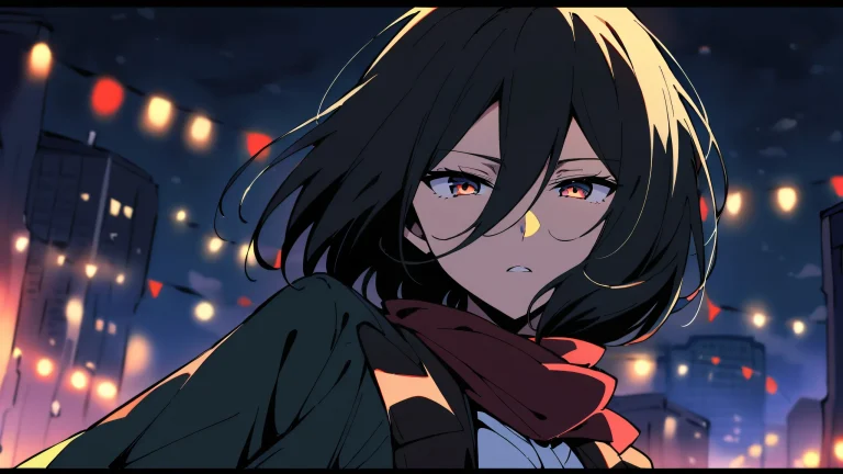 A solo Mikasa Ackerman gaze from Attack on Titan, set against a dark pure void with glowing lights and dramatic shadows for Desktop/PC