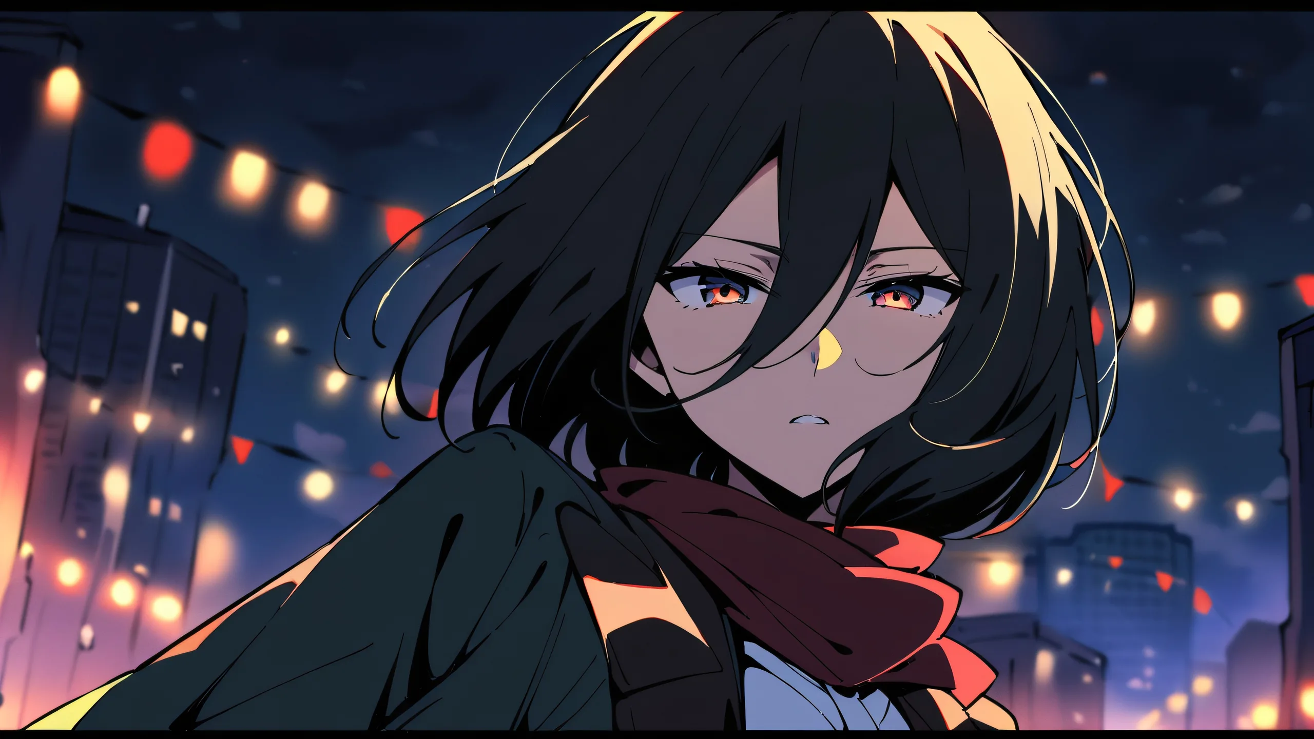 A solo Mikasa Ackerman gaze from Attack on Titan, set against a dark pure void with glowing lights and dramatic shadows for Desktop/PC