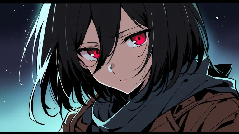 A beautiful night scene featuring Mikasa Ackerman from Attack on Titan looking directly at the viewer against a perfectly clean vast pure void, with extreme depth of field and striking contrast.
