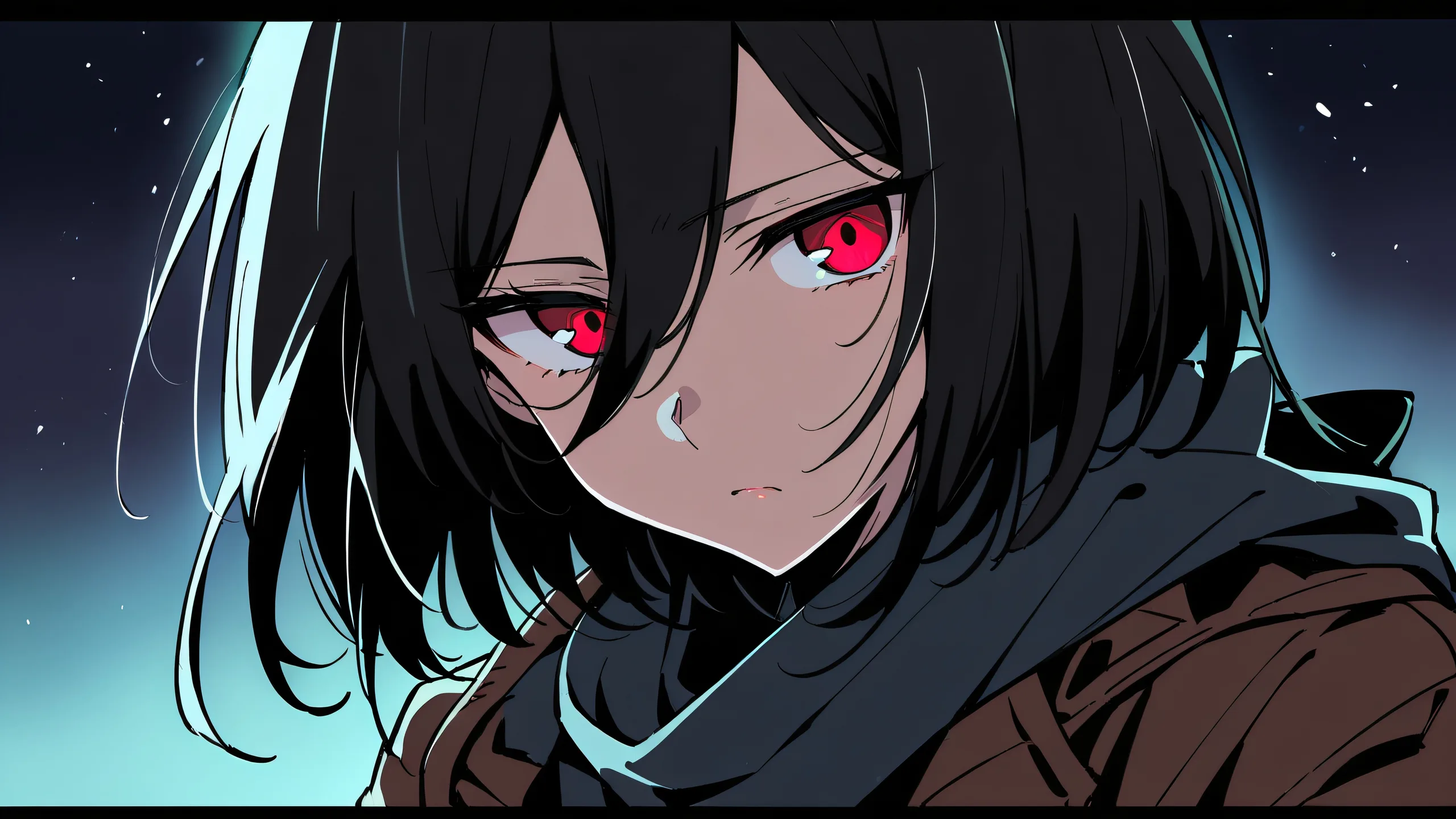 A beautiful night scene featuring Mikasa Ackerman from Attack on Titan looking directly at the viewer against a perfectly clean vast pure void, with extreme depth of field and striking contrast.