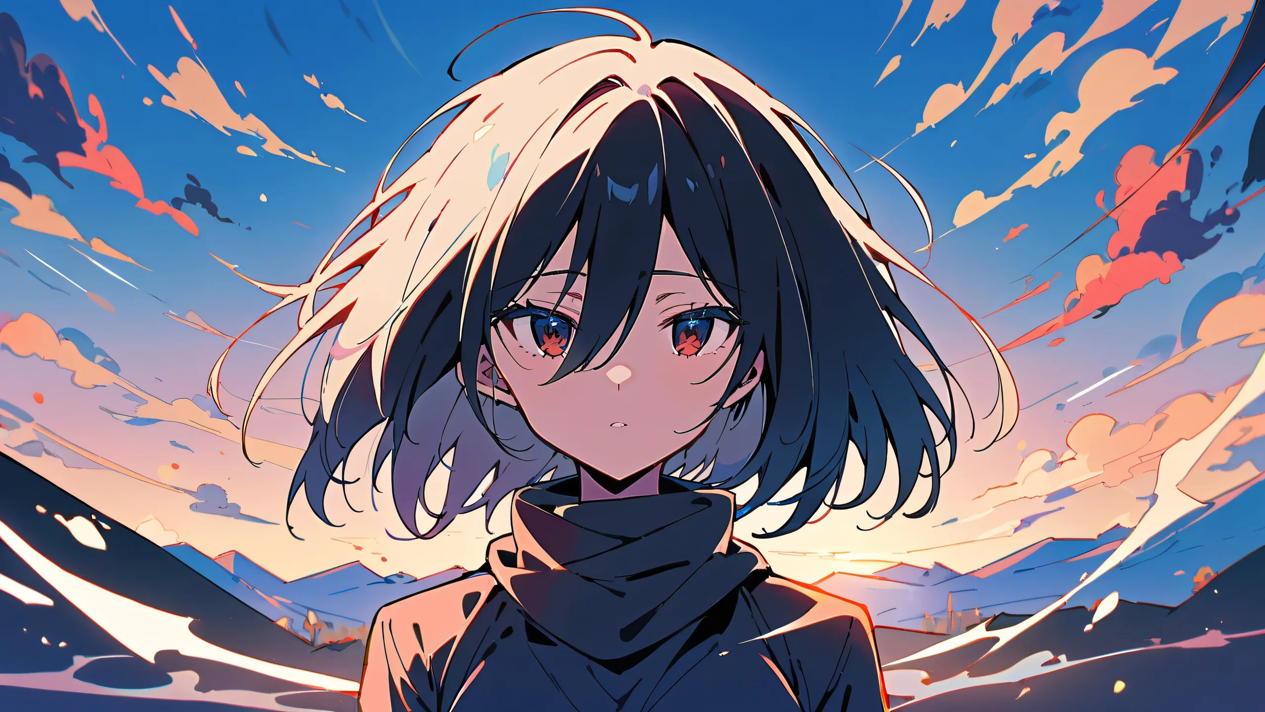 Beautiful anime girl Mikasa Ackerman looking at the viewer from a vast, pure void with an extreme depth of field on a desktop/pc.