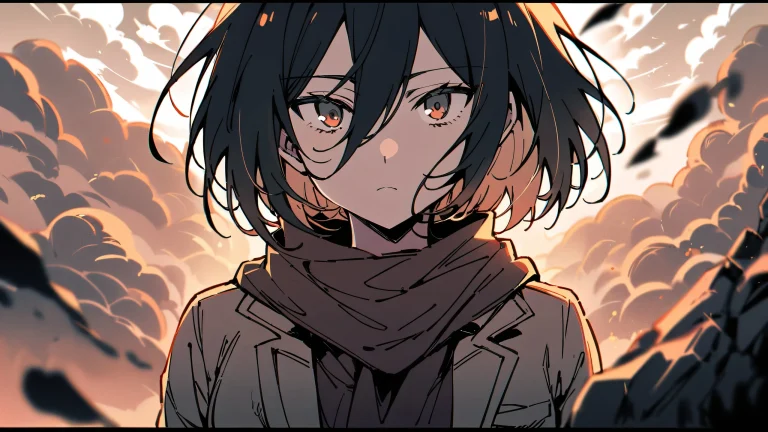 A serene Mikasa Ackerman stands alone amidst a vast, perfectly clean void, surrounded by the beauty of nature and a hint of barren rocky land on the horizon, as if looking directly at the viewer.
