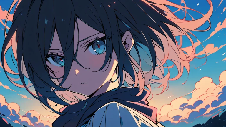 A solo portrait of Mikasa Ackerman from Attack on Titan, looking directly at the viewer against a perfectly clean and vast pure void with distant clouds in the sky.