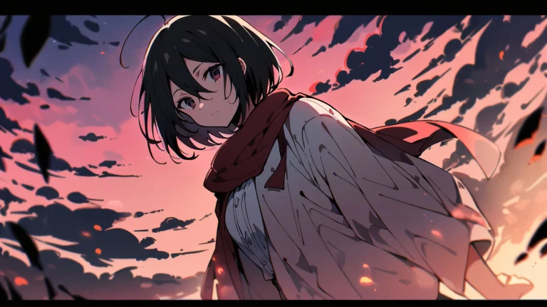 Mikasa Ackerman from Attack on Titan looking directly at the viewer against a perfectly clean vast pure void with a plaid pattern in the background, adapté pour ordinateur de bureau/PC