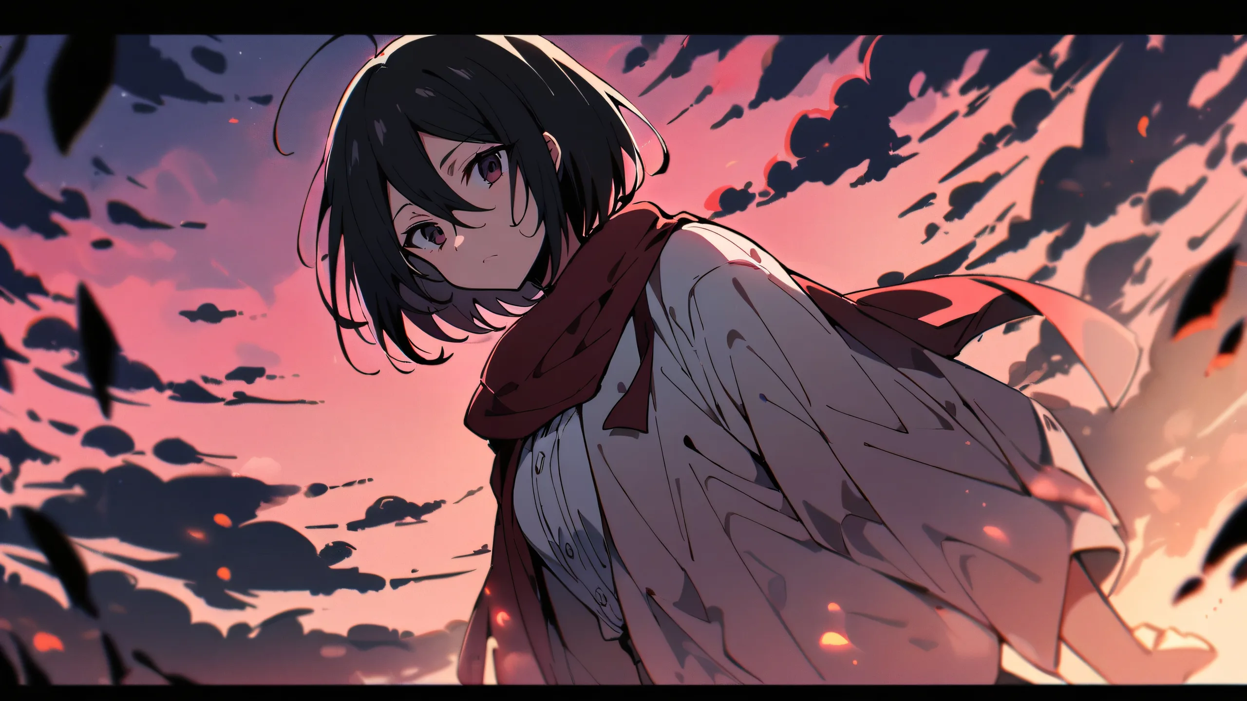 Mikasa Ackerman from Attack on Titan looking directly at the viewer against a perfectly clean vast pure void with a plaid pattern in the background, suitable for Desktop/PC