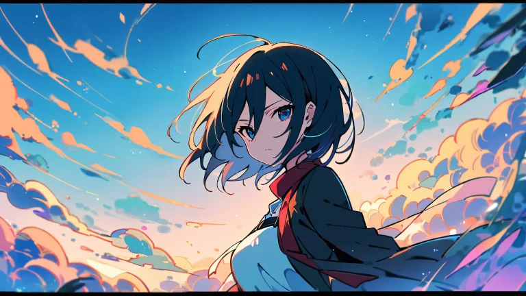 A serene Mikasa Ackerman stands on the edge of a vast, pure void, gazing directly at the viewer. Perfectly clean and bright, this 16:9 aspect ratio desktop masterpiece features blue and white hues, with extreme depth of field and cinematic lighting.