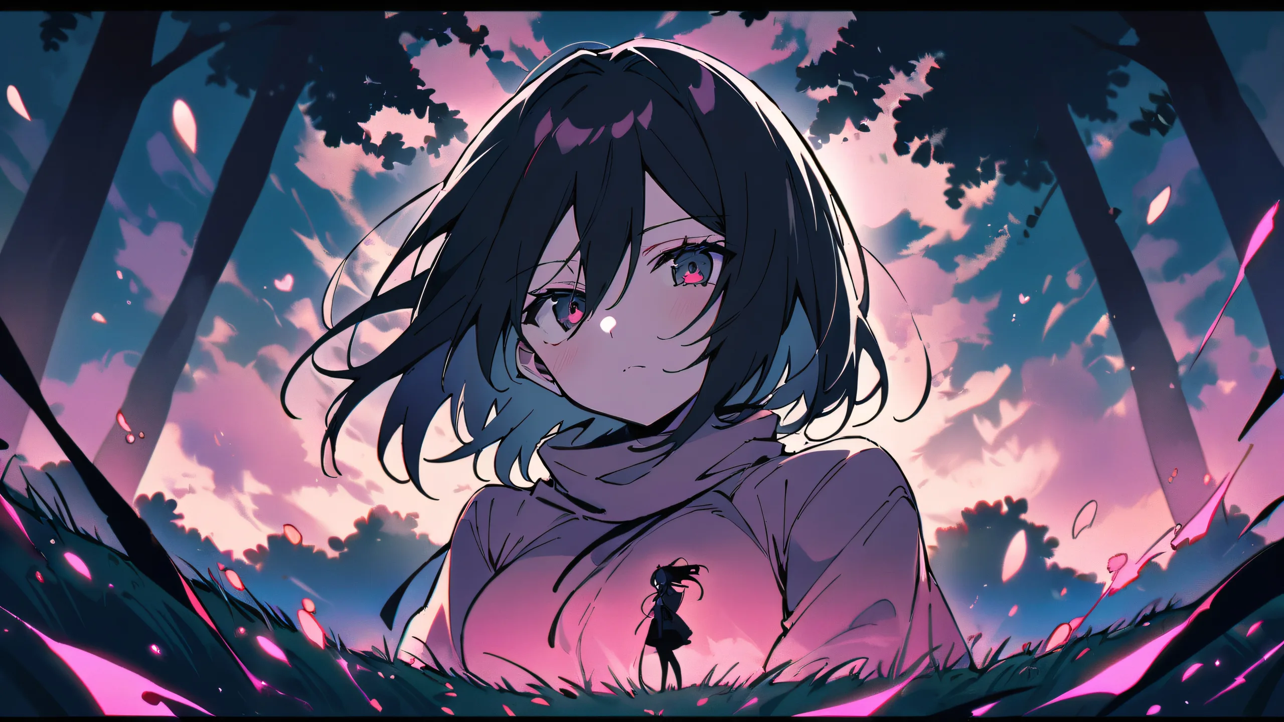 Solo Mikasa Ackerman looking at viewer on a perfectly clean vast pure void background with lush grass and majestic tree, suitable for desktop/pc