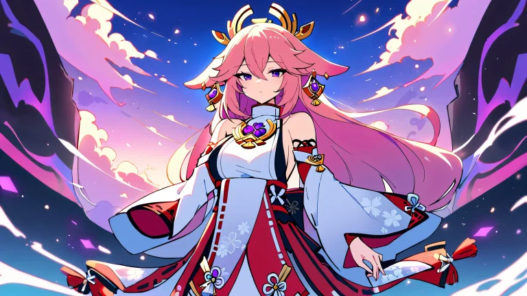 una chica, Yae Miko from Genshin Impact, gazes out at the viewer against a breathtakingly clean and vast pure void with an extreme depth of field, adecuado para escritorio/PC.