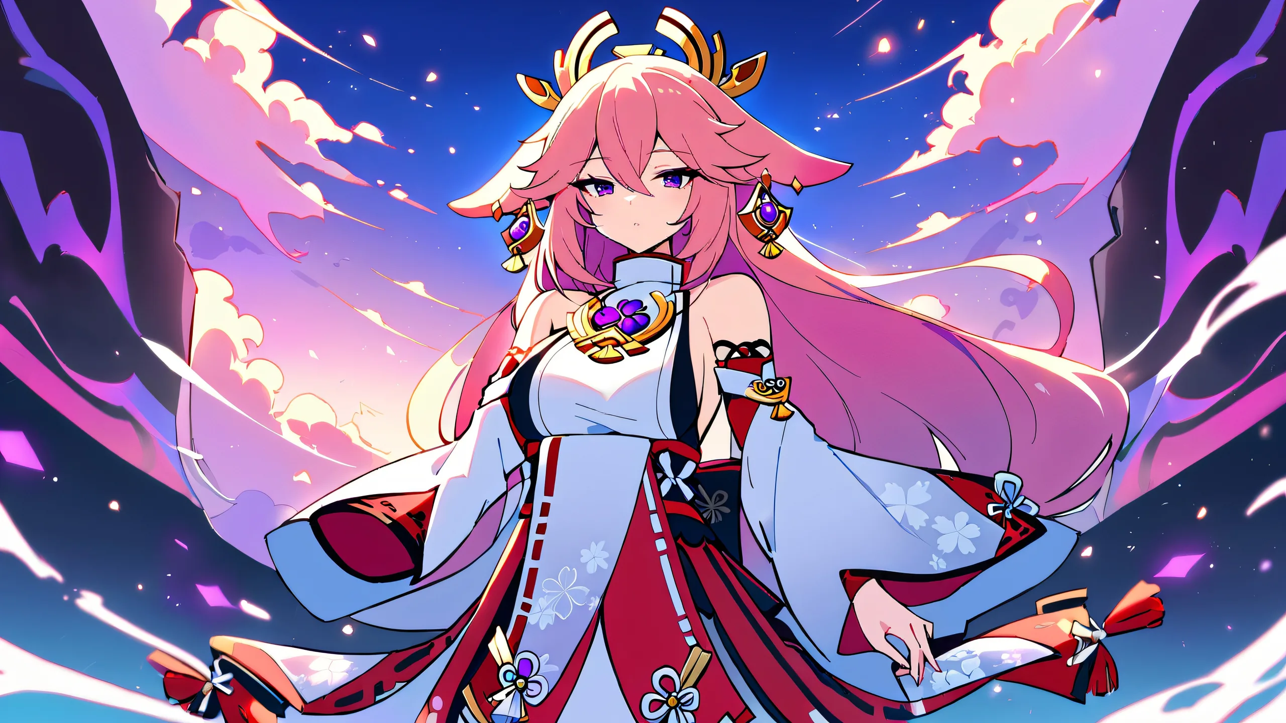 A girl, Yae Miko from Genshin Impact, gazes out at the viewer against a breathtakingly clean and vast pure void with an extreme depth of field, suitable for Desktop/PC.