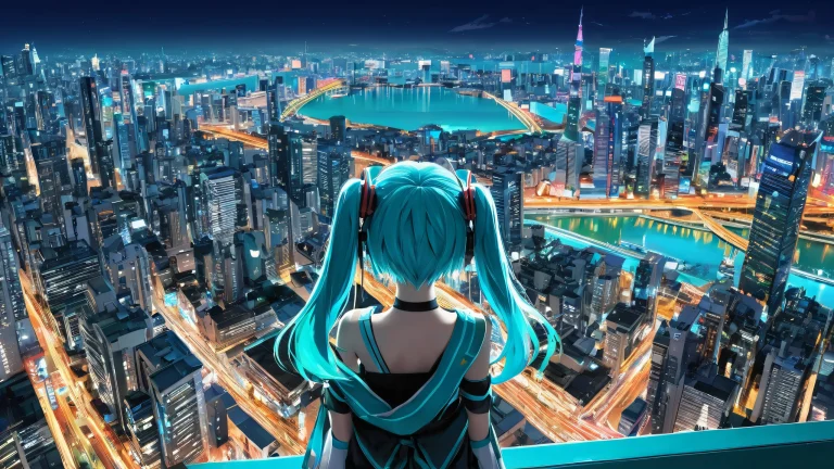 Hatsune Miku and cityscape on a pristine desktop background with vibrant colors and reflections.
