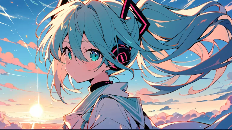 Hatsune Miku gazing into a perfectly clean vast pure void on a desktop/pc background with soft pastel, blancs crémeux, and muted earth tones.