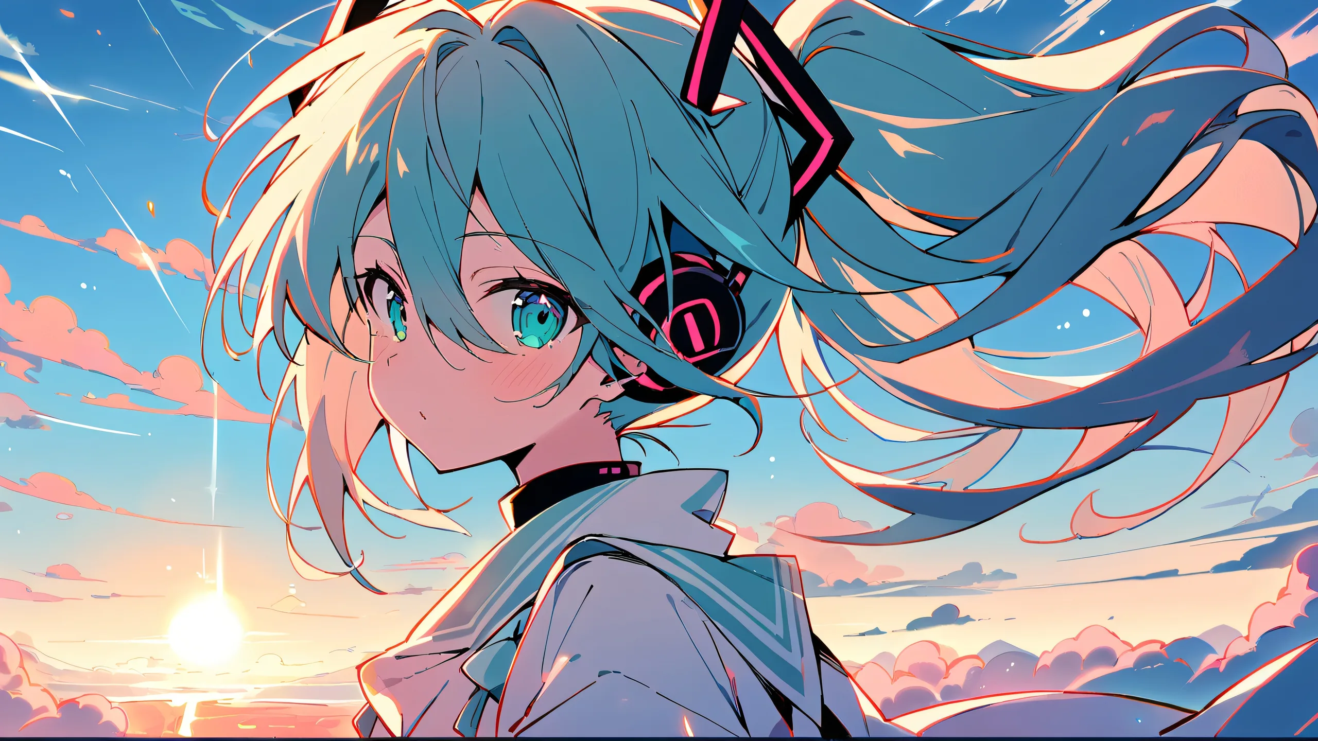Hatsune Miku gazing into a perfectly clean vast pure void on a desktop/pc background with soft pastel, creamy whites, and muted earth tones.
