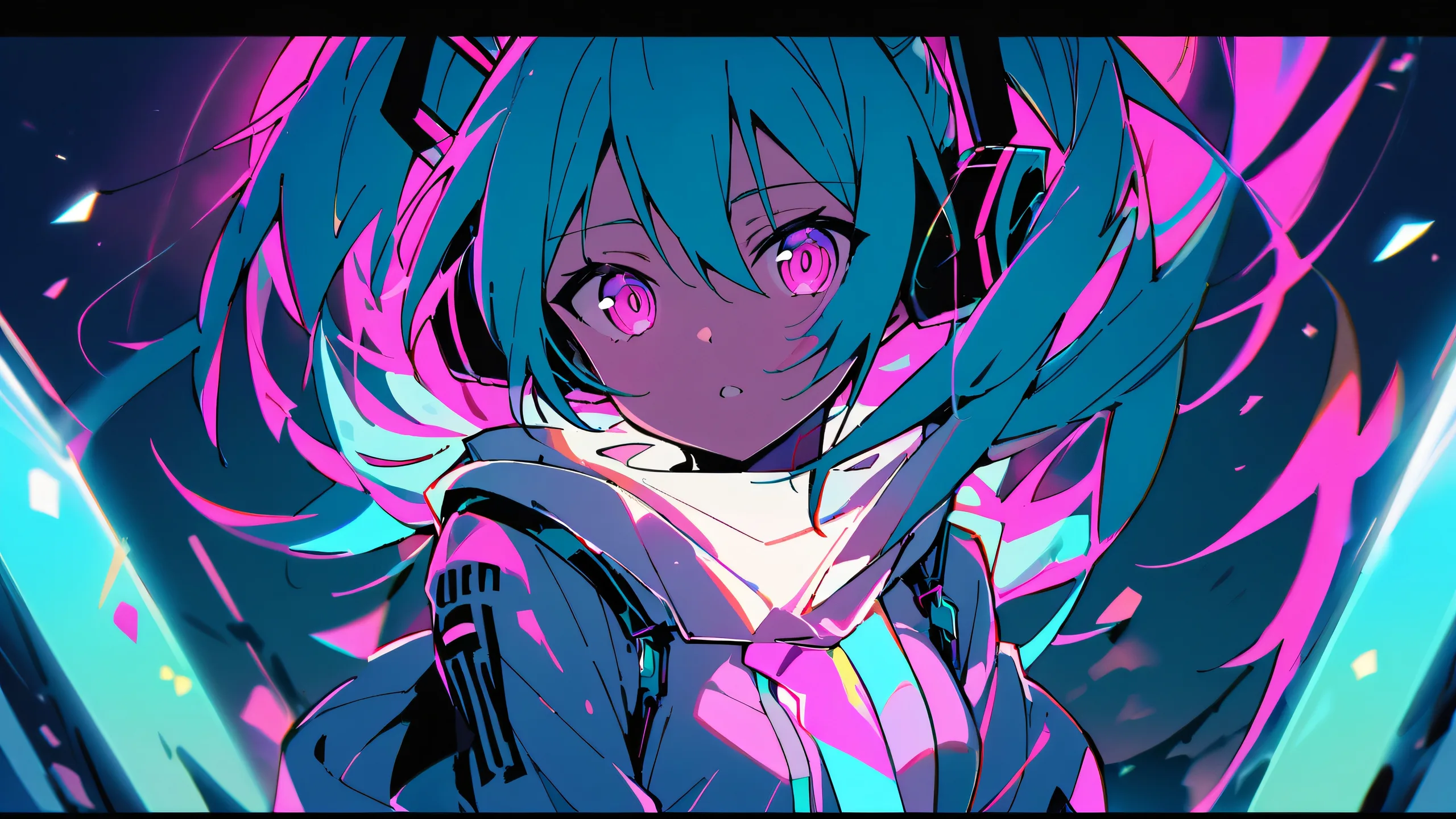 Hatsune Miku gazes out at the viewer from a sea of pure void, her bright pink and white attire standing out against the vast emptiness.