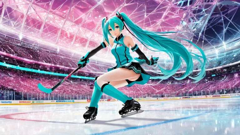 A futuristic depiction of Hatsune Miku in a void, showcasing her hockey gear and ethereal lighting.