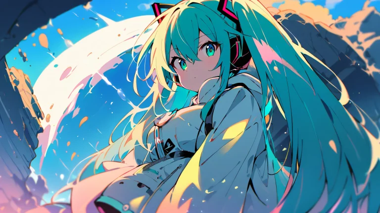 Hatsune Miku looking out at the viewer from a vast, pure void with extreme depth of field showing cliff, sky, clouds, and water tank in the background.