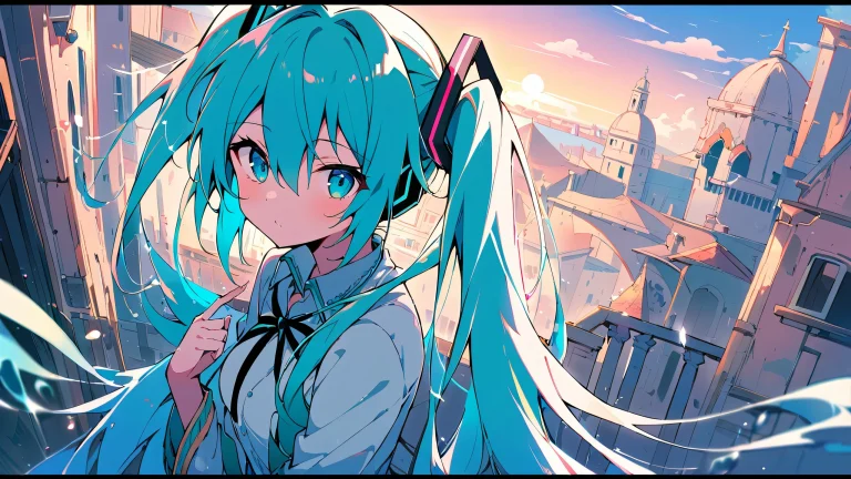A solo portrait of Hatsune Miku looking directly at the viewer from a perfectly clean vast pure void, with subtle hints of water and architecture from Venice in the background, adapté à une utilisation de bureau/PC.
