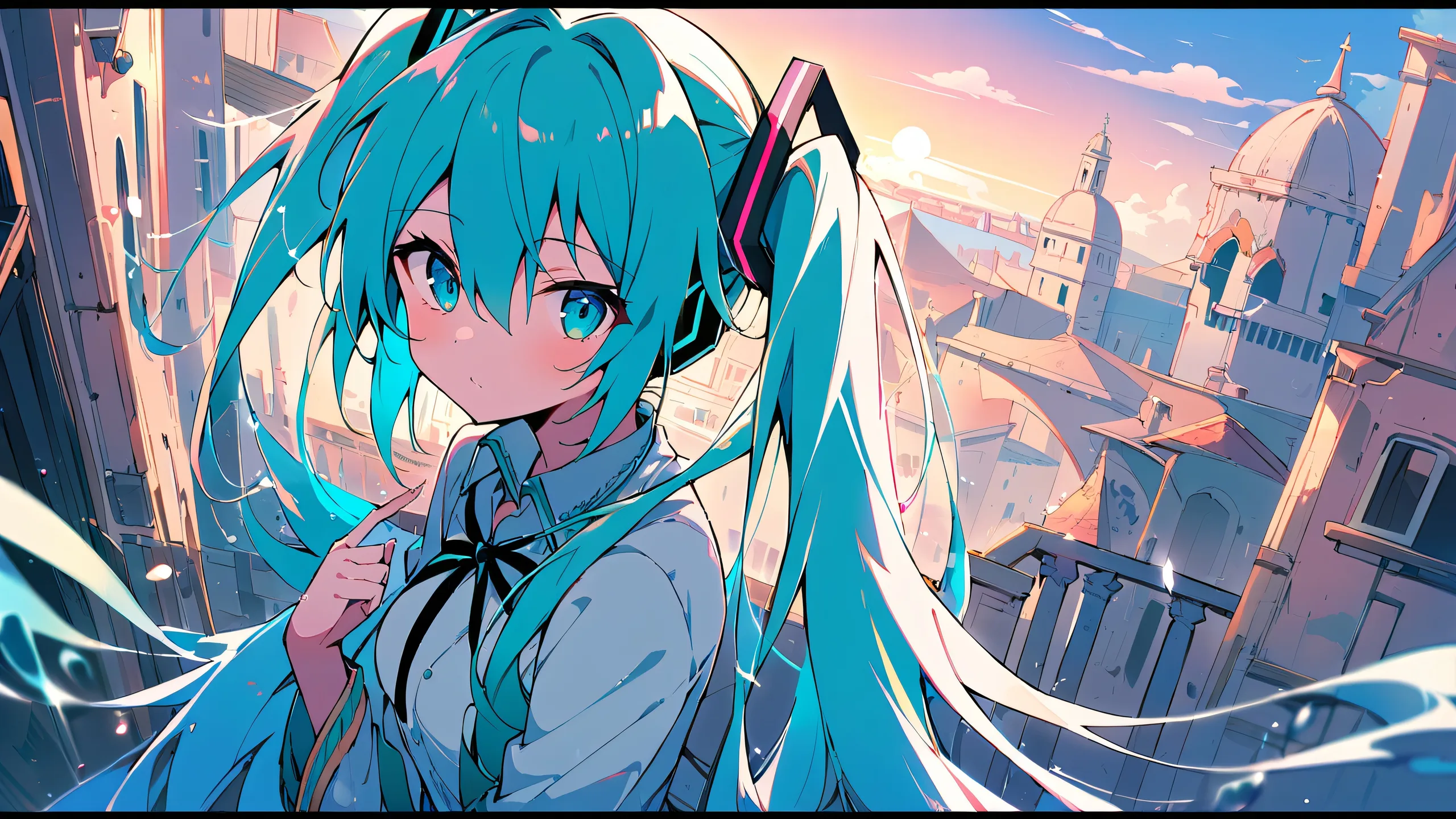 A solo portrait of Hatsune Miku looking directly at the viewer from a perfectly clean vast pure void, with subtle hints of water and architecture from Venice in the background, suitable for Desktop/PC use.