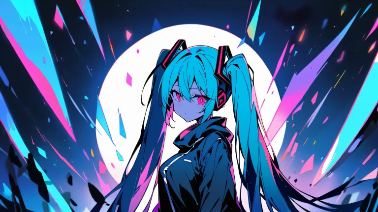 A stunning anime-inspired desktop wallpaper featuring Hatsune Miku gazing at the viewer amidst a perfectly clean vast pure void with extreme depth of field, surrounded by bright blue and metallic silver hues.