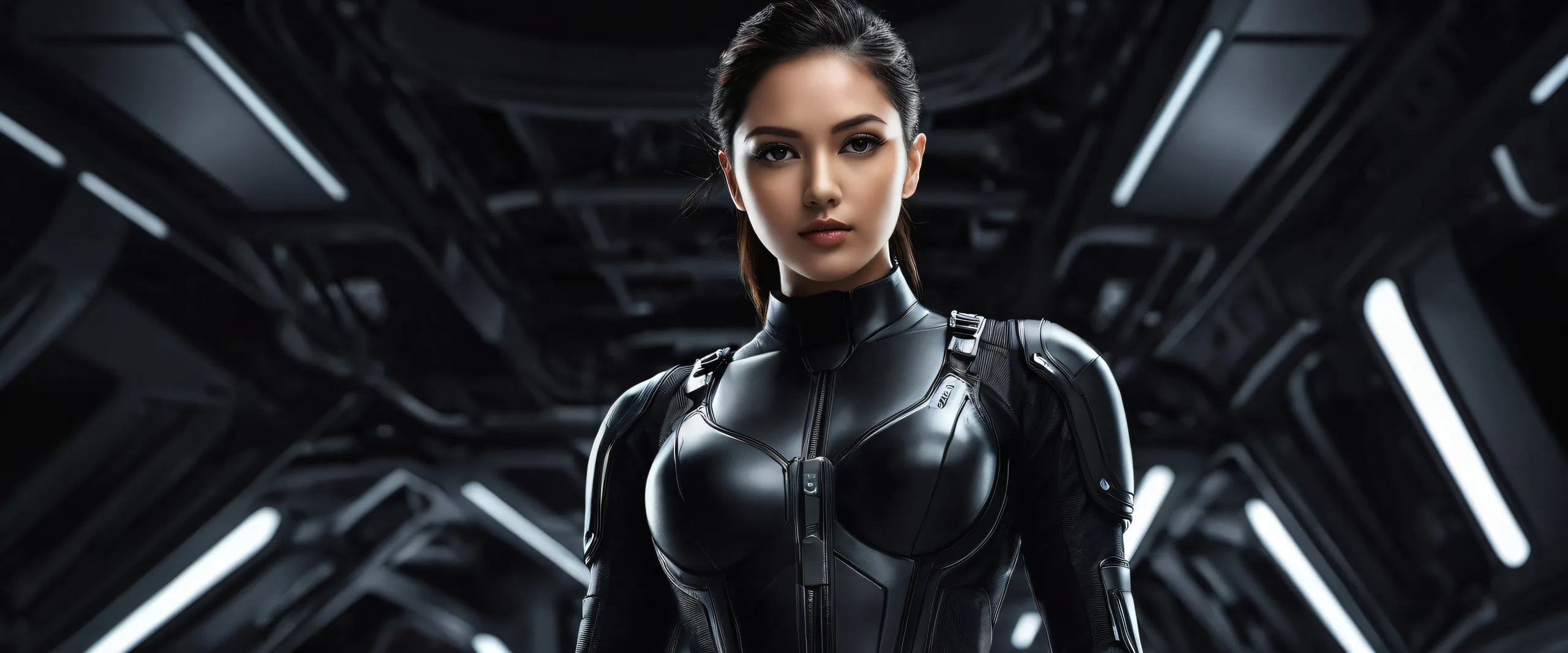 A futuristic desktop wallpaper of a military-style female figure against a vast pure void with extreme depth of field, emphasizing her presence on a Desktop/PC.