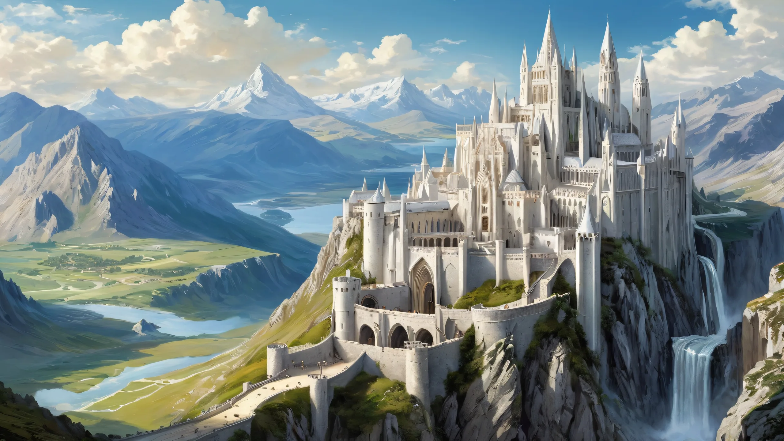 Stunning Ethereal Minas Tirith Sunset WallpaperPCまたはデスクトップでの使用に適しています A breathtaking desktop wallpaper of Minas Tirith against a pure void background, suitable for PC or Desktop use.