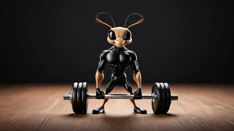Ant lifting dumbbell in a vast pure void desktop wallpaper with perfect depth of field and dark mode aesthetic.