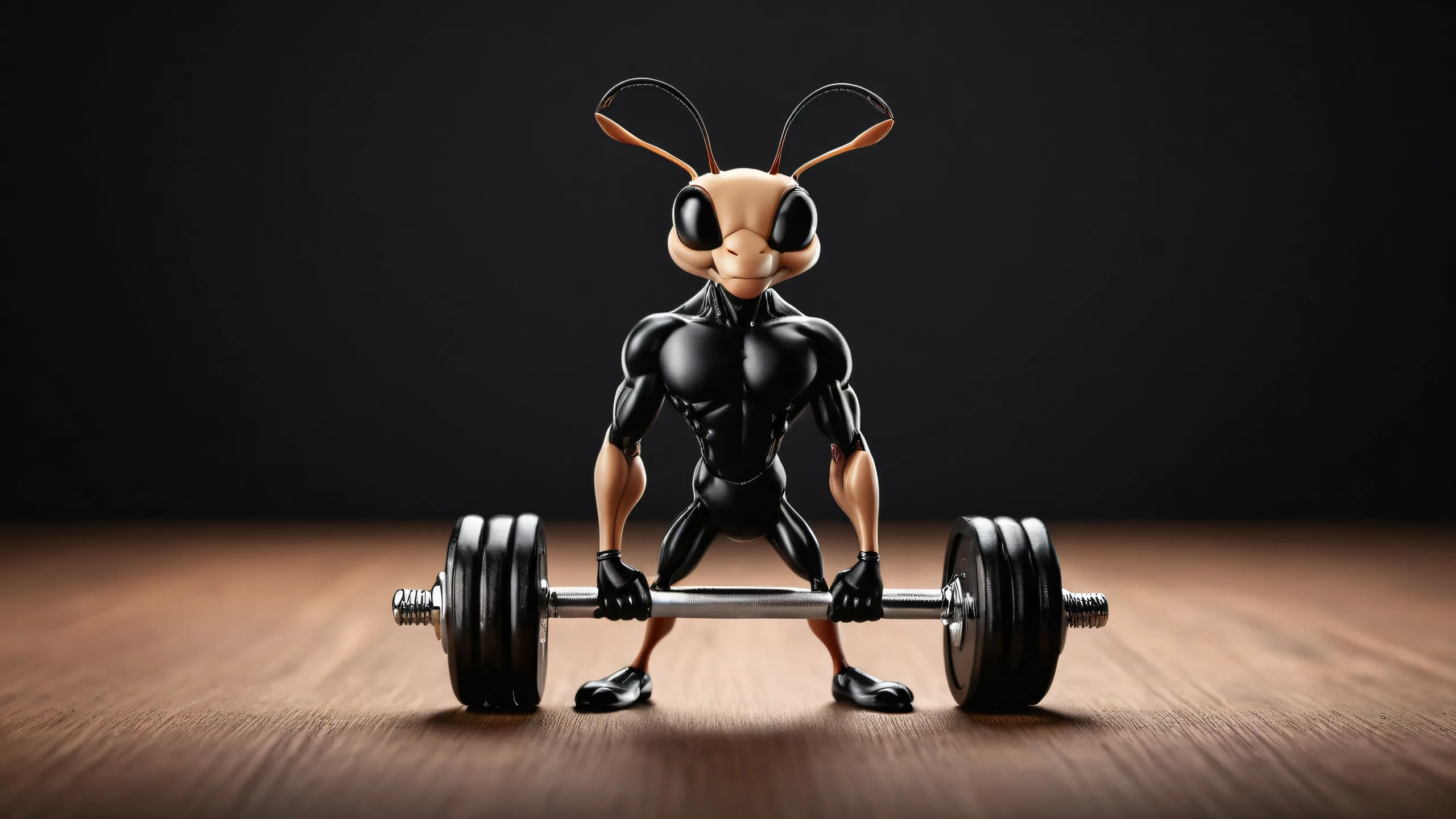 Ant lifting dumbbell in a vast pure void desktop wallpaper with perfect depth of field and dark mode aesthetic.
