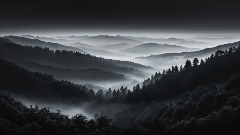 Foggy landscape desktop wallpaper with misty morning ambiance, perfect for PCs and laptops.