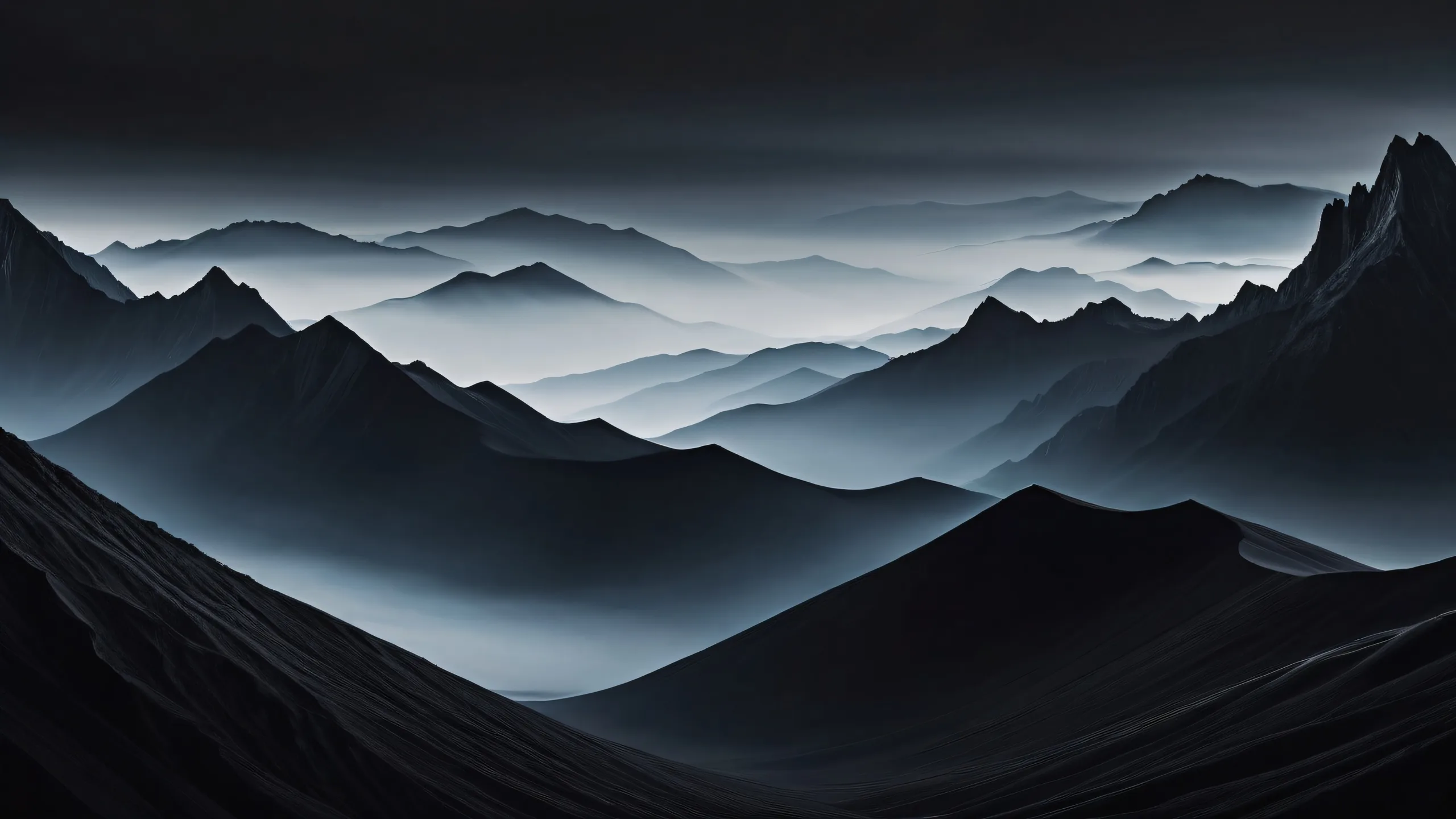 A serene misty morning desktop scene for PC or Desktop, featuring sleek dark mode aesthetic with deep blacks and luminescent accents.