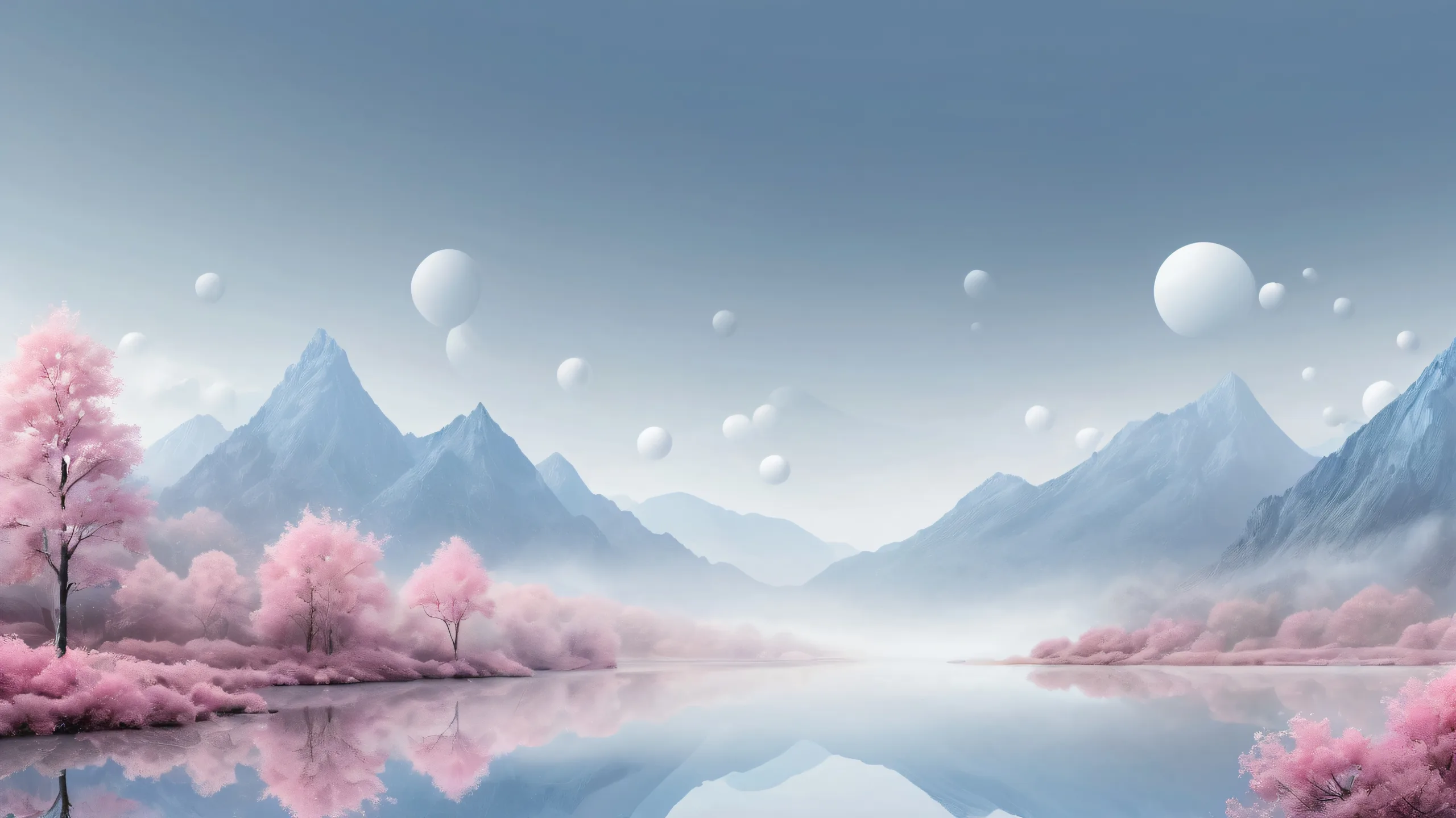 A serene desktop scene featuring shapes amidst a misty morning atmosphere, suitable for Desktop/PC screens.