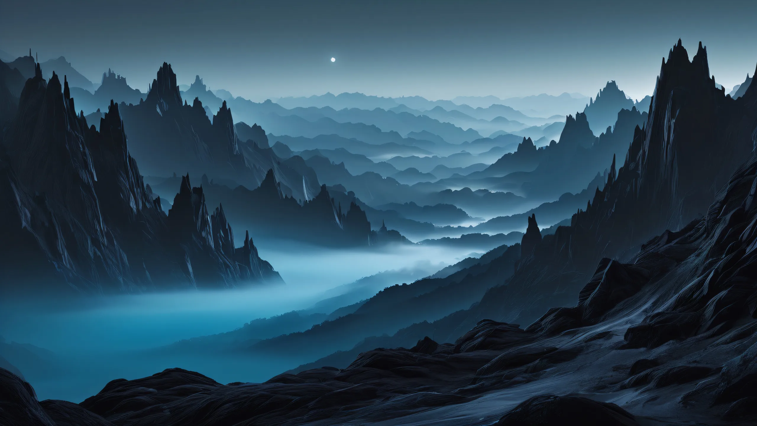 Unreal shapes and misty morning landscape on a clean desktop/pc background with perfect depth of field.