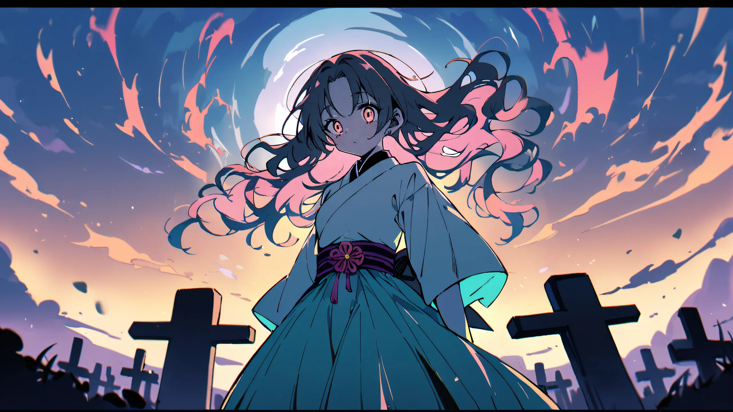 Mitsuri Kocho looking directly at the viewer on a perfectly clean and vast pure void background, with subtle tombstones and rose accents in the distance for desktop/pc